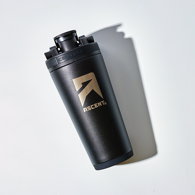 ascent protein powder shaker bottle in black with gold logo