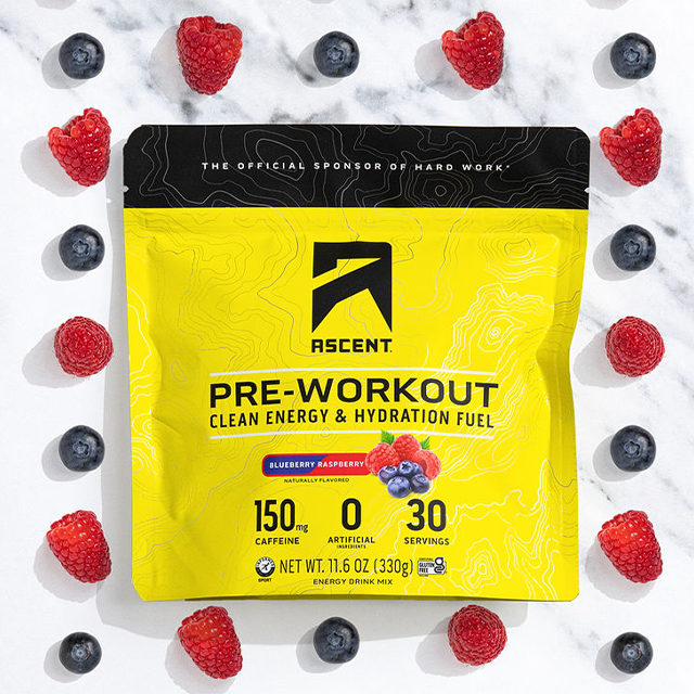 ascent protein pre work out powder in blueberry raspberry flavor